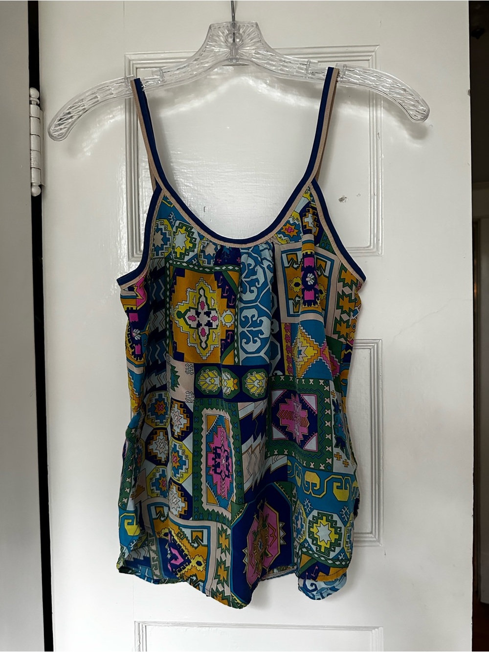 Trina Turk Multicolor Geometric Print Silk Camisole with Navy Trim